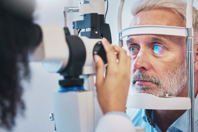 Oftalmologista examinando o olho de um paciente
